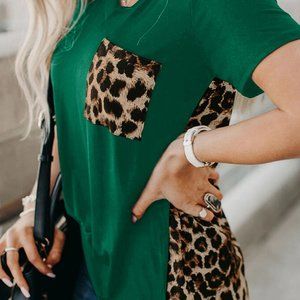 Green Leopard Printed Splicing T-Shirt